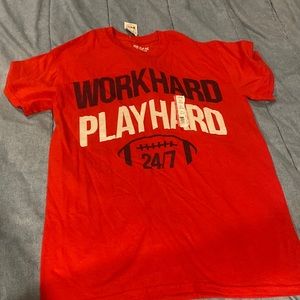 New NWT Gilda’s men’s red work hard play hard foot ball graphic shirt
